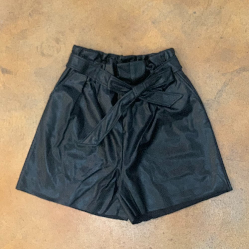 Vegan Leather Tie Waist Paperbag Shorts